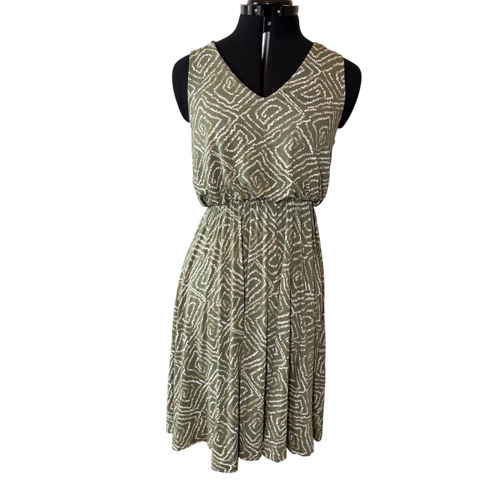 LOFT Outlet Petite XSP Olive Green Flare Spiral Dot Sleeveless V-Neck Dress Boho
